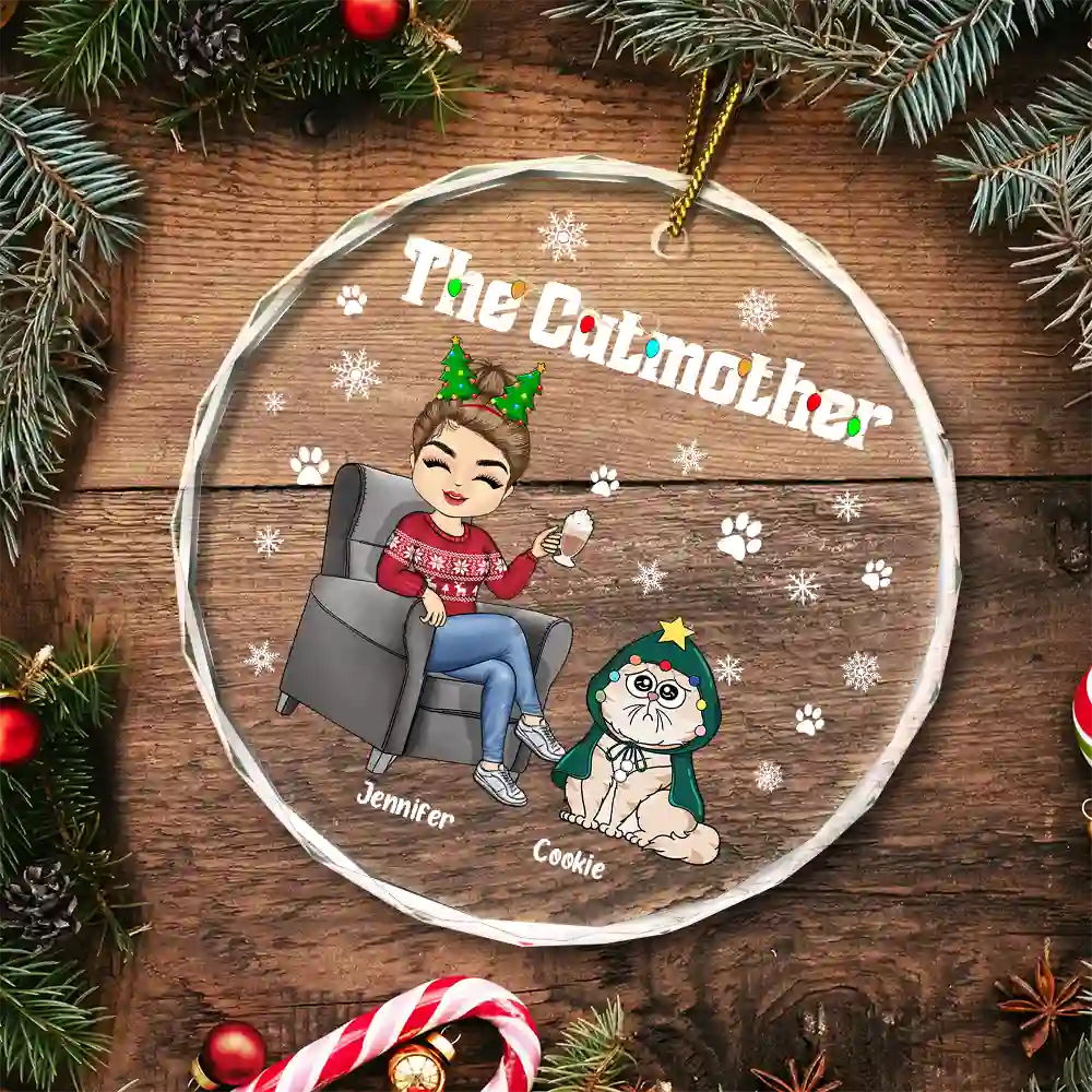 Décoration de Noël en verre ronde personnalisée « La Mère Chat » 