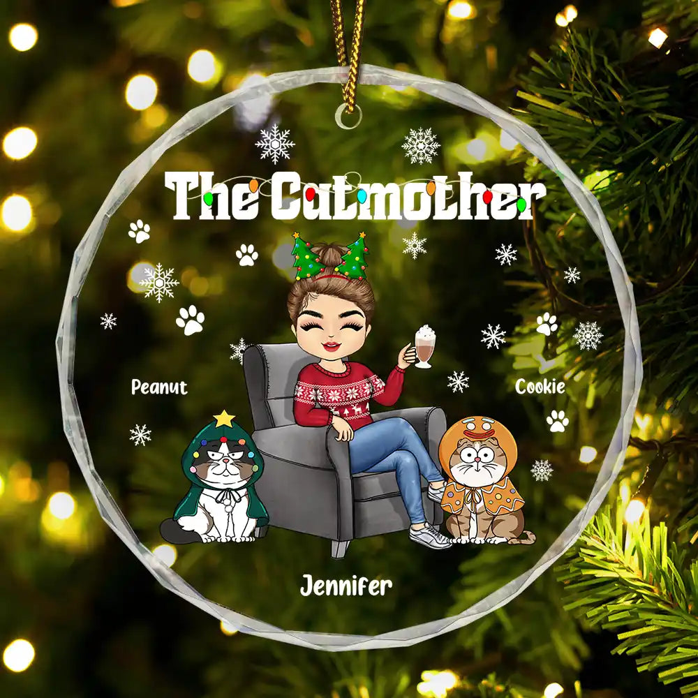 Décoration de Noël en verre ronde personnalisée « La Mère Chat » 