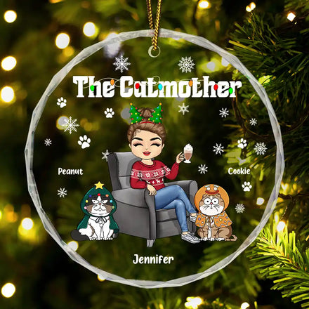 Décoration de Noël en verre ronde personnalisée « La Mère Chat » 