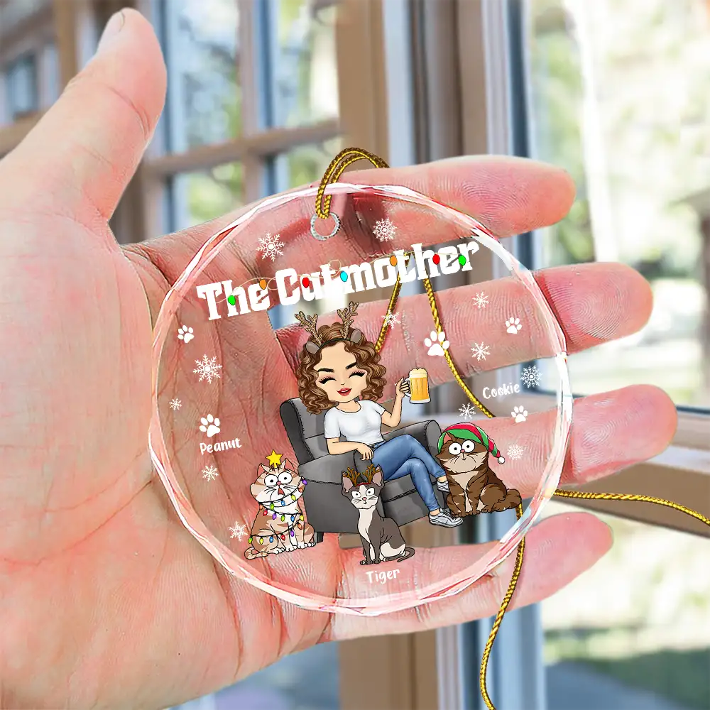 Christmas The Cat Mother - Personalized Circle Glass Ornament
