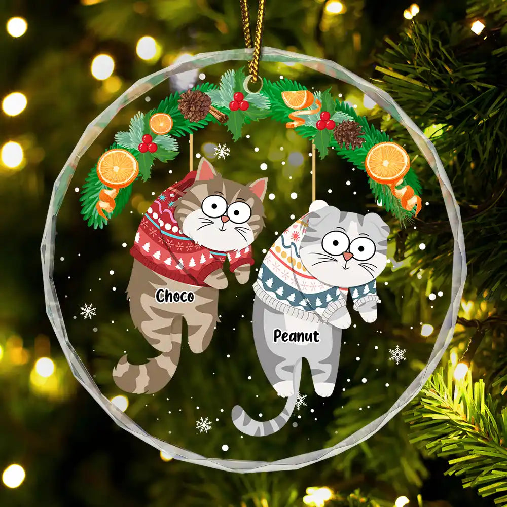 Christmas Funny Hanging Cats - Personalized Circle Glass Ornament