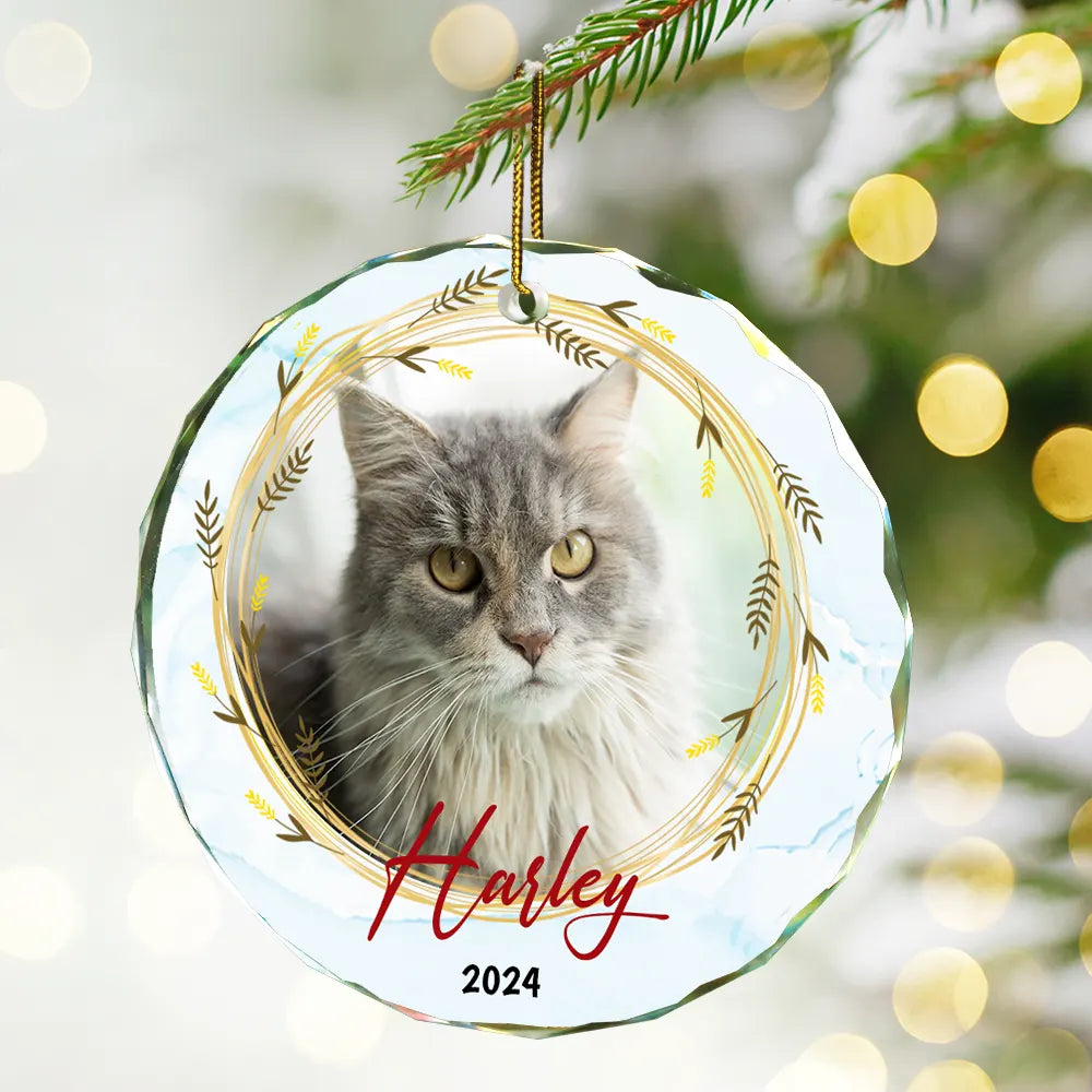 Custom Photo Christmas Pet Memorial Pet First Christmas - Personalized Circle Glass Ornament