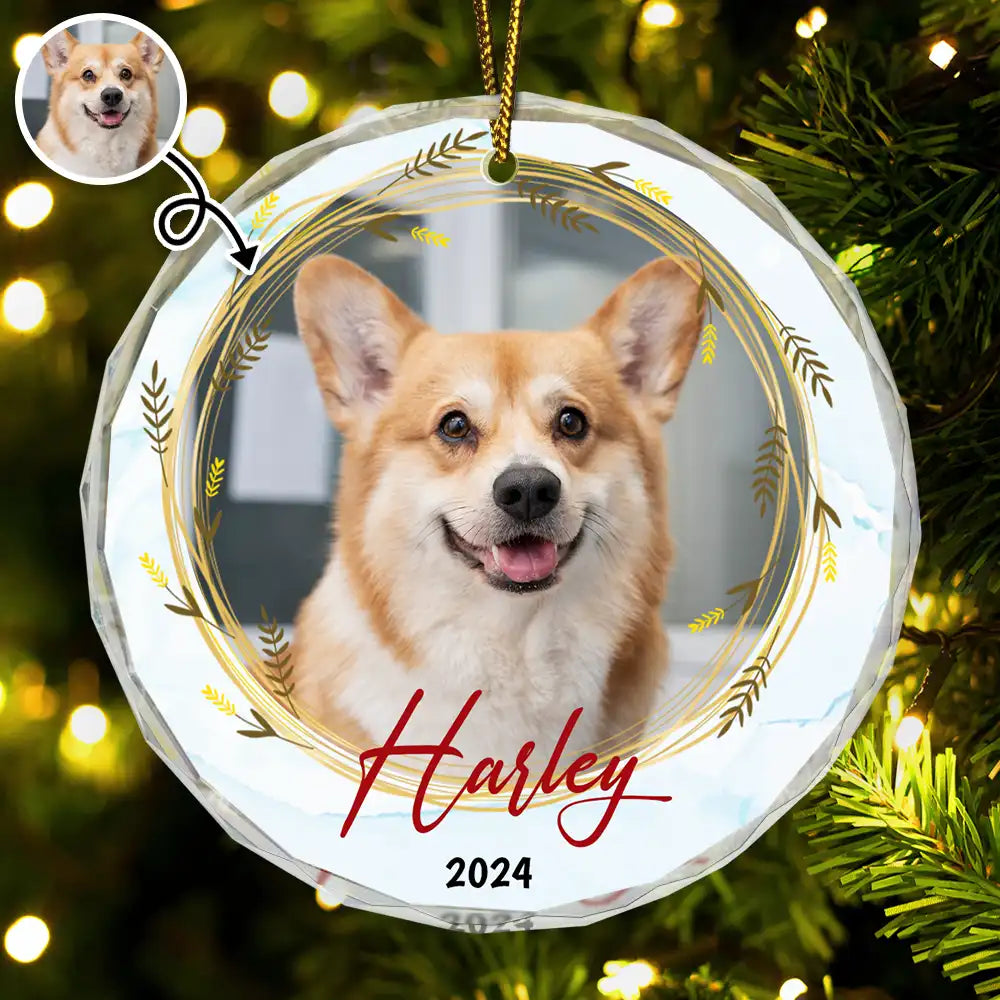 Custom Photo Christmas Pet Memorial Pet First Christmas - Personalized Circle Glass Ornament