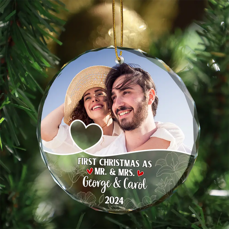 Custom Photo First Christmas As Mr & Mrs Couples - Personalized Circle Glass Ornament