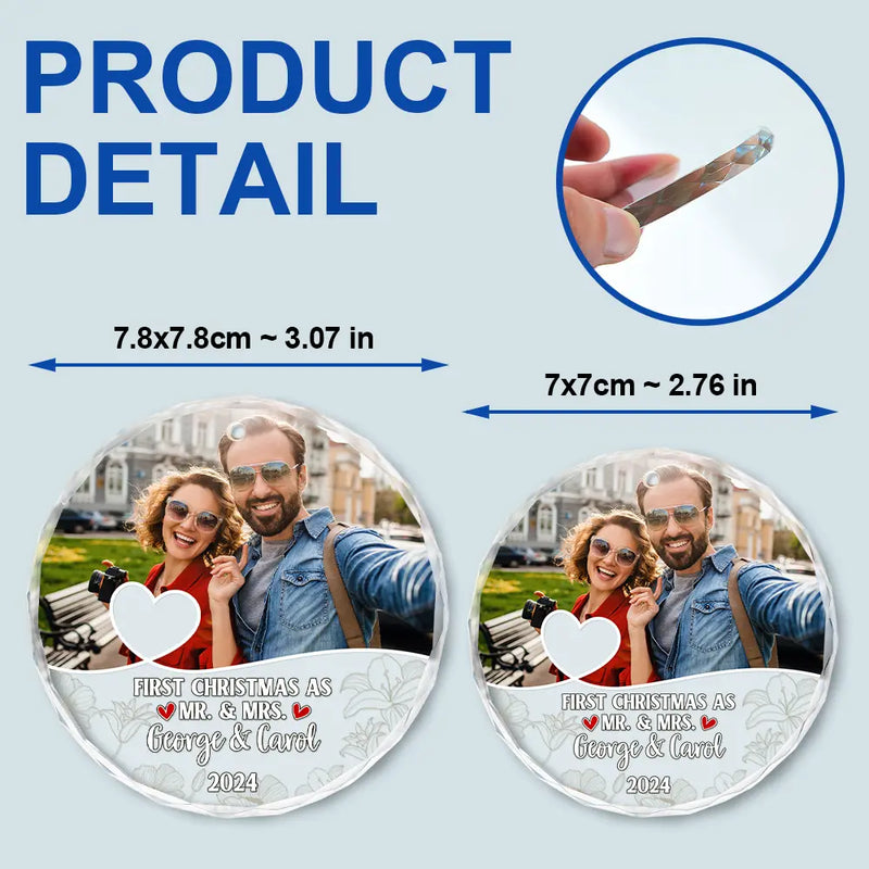 Custom Photo First Christmas As Mr & Mrs Couples - Personalized Circle Glass Ornament