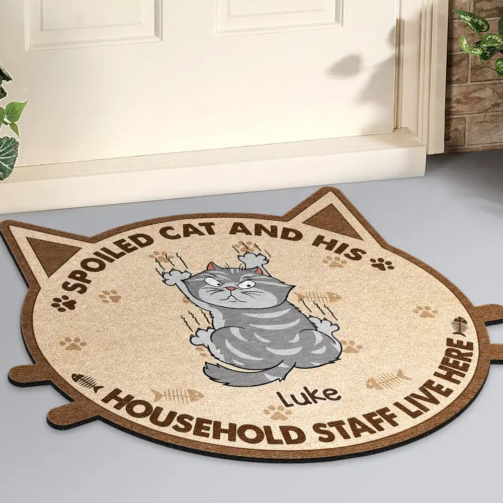Spoiled Cats And Their Household Staff Live Here - Personalized Custom Shaped Doormat