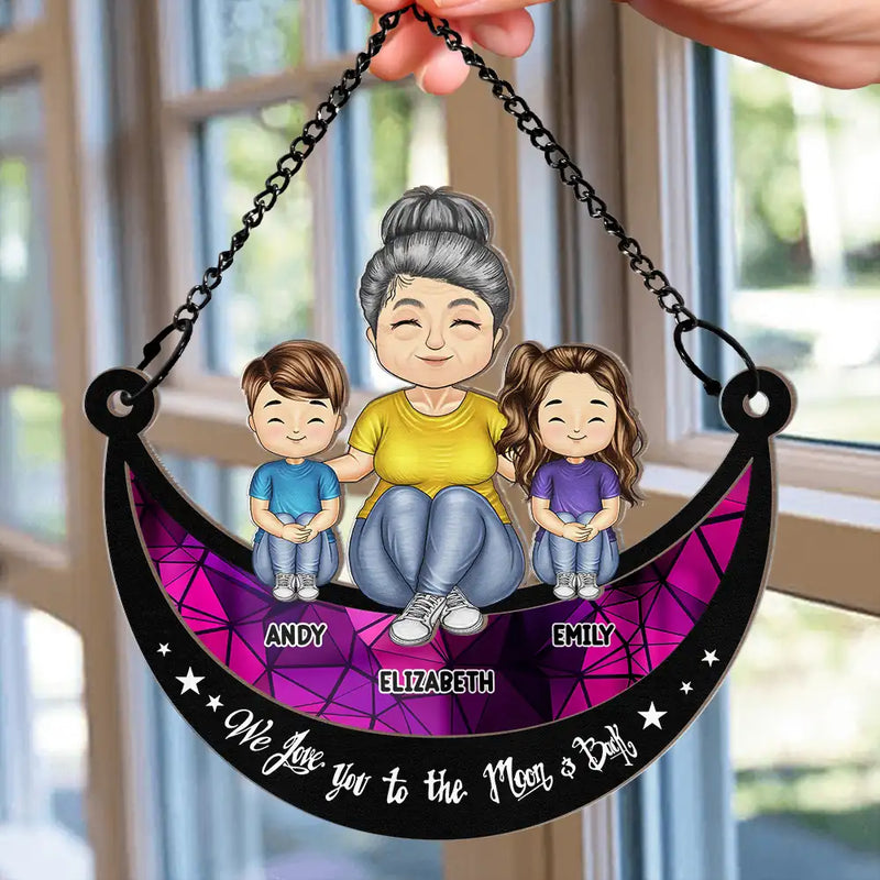 Grandma Mom And Kids On Moon - Personalized Window Hanging Suncatcher Ornament