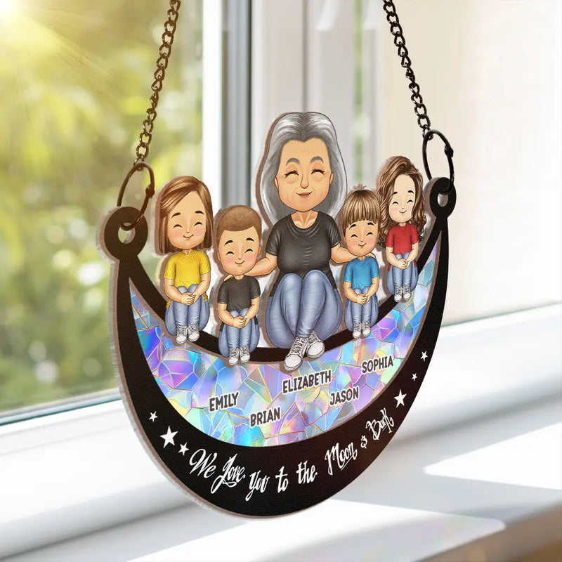Grandma Mom And Kids On Moon - Personalized Window Hanging Suncatcher Ornament