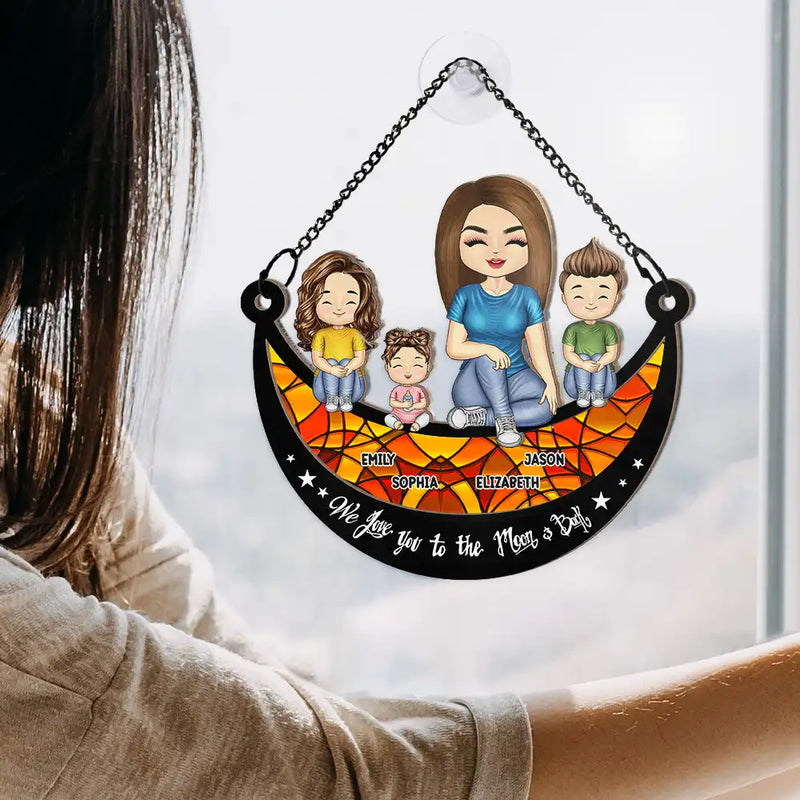 Grandma Mom And Kids On Moon - Personalized Window Hanging Suncatcher Ornament
