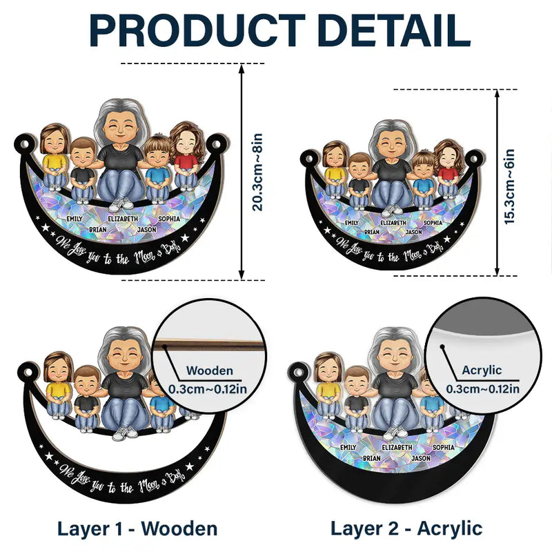 Grandma Mom And Kids On Moon - Personalized Window Hanging Suncatcher Ornament