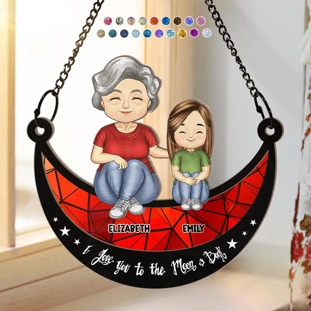 Grandma Mom And Kids On Moon - Personalized Window Hanging Suncatcher Ornament