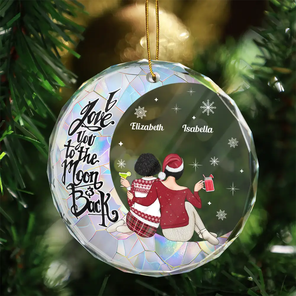 Christmas Besties Sisters I Love You To The Moon And Back - Personalized Circle Glass Ornament