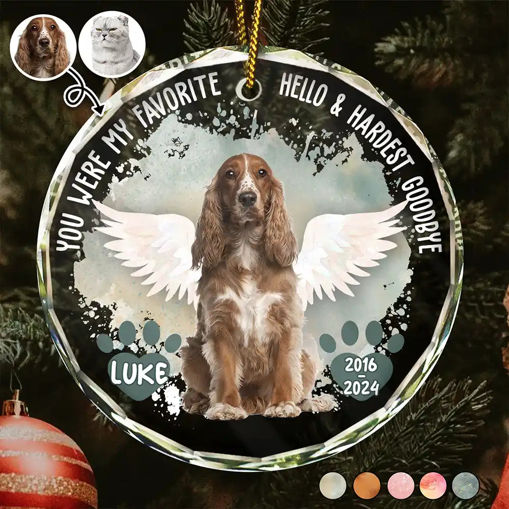 Custom Photo Memorial Dog Cat Favorite Hello & Hardest Goodbye - Personalized Circle Glass Ornament
