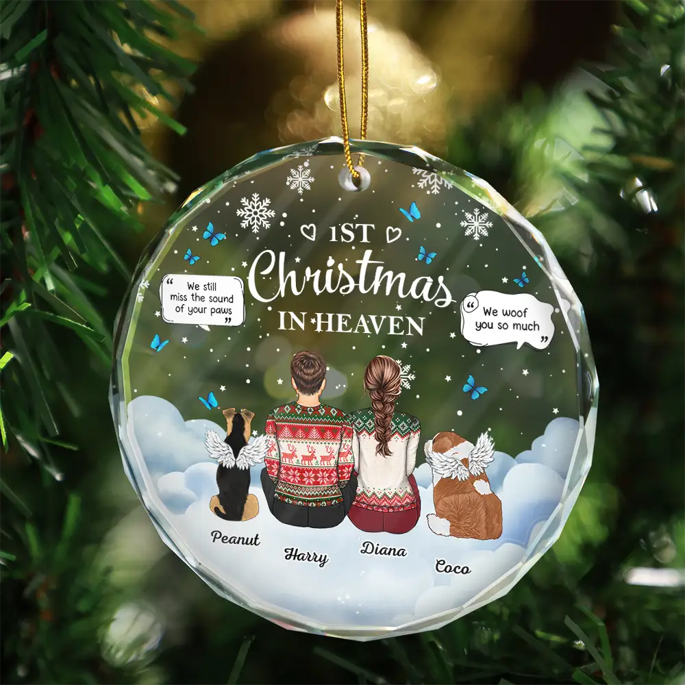 Memorial, Pet Lovers - Memorial Dog Cat First Christmas In Heaven - Personalized Circle Glass Ornament