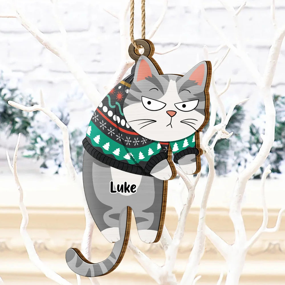 Cat Lovers - Hanging Cat Have Yourself A Meowy Christmas - Personalized Wooden Cutout Ornament