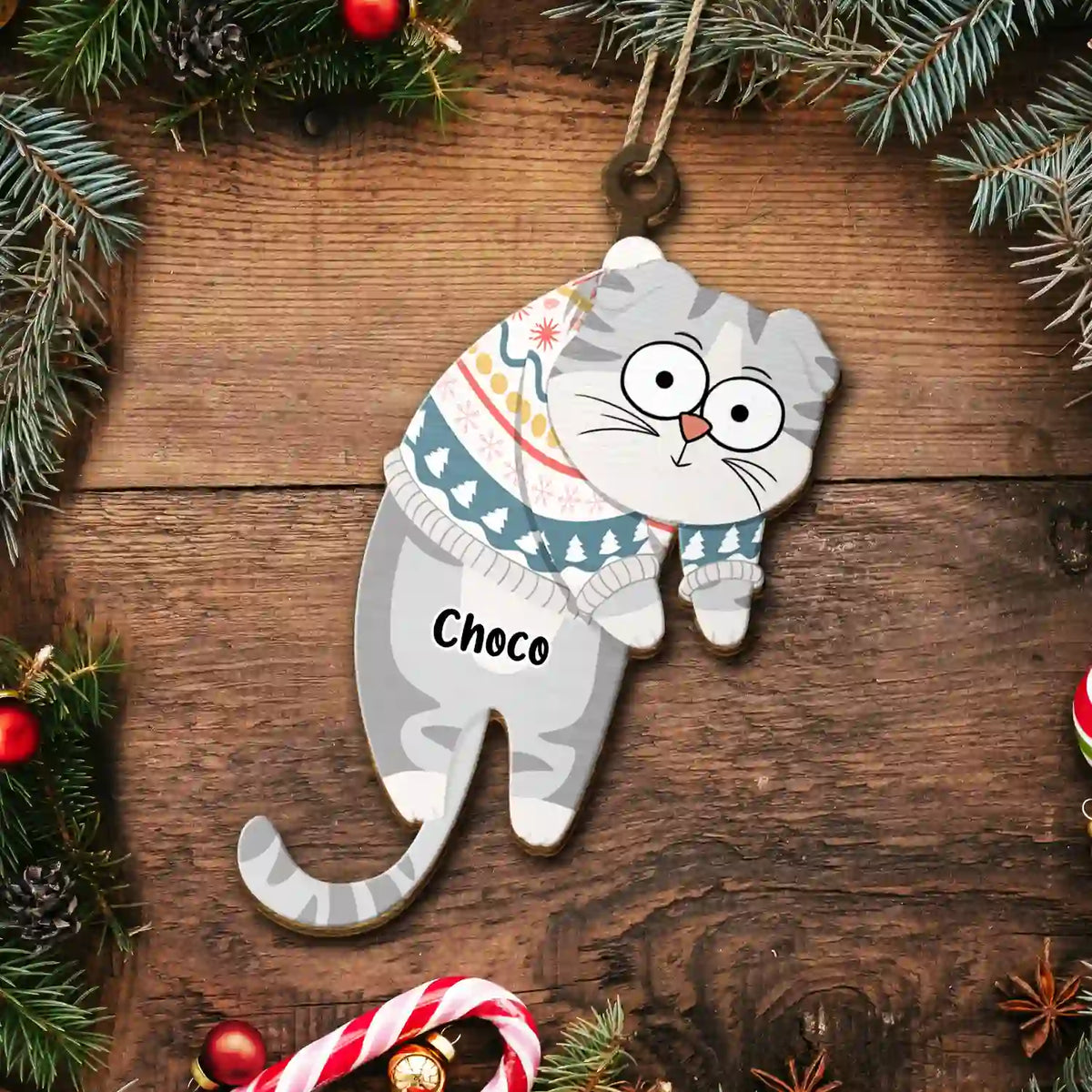 Cat Lovers - Hanging Cat Have Yourself A Meowy Christmas - Personalized Wooden Cutout Ornament