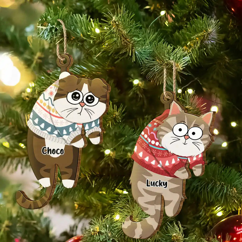 Cat Lovers - Hanging Cat Have Yourself A Meowy Christmas - Personalized Wooden Cutout Ornament