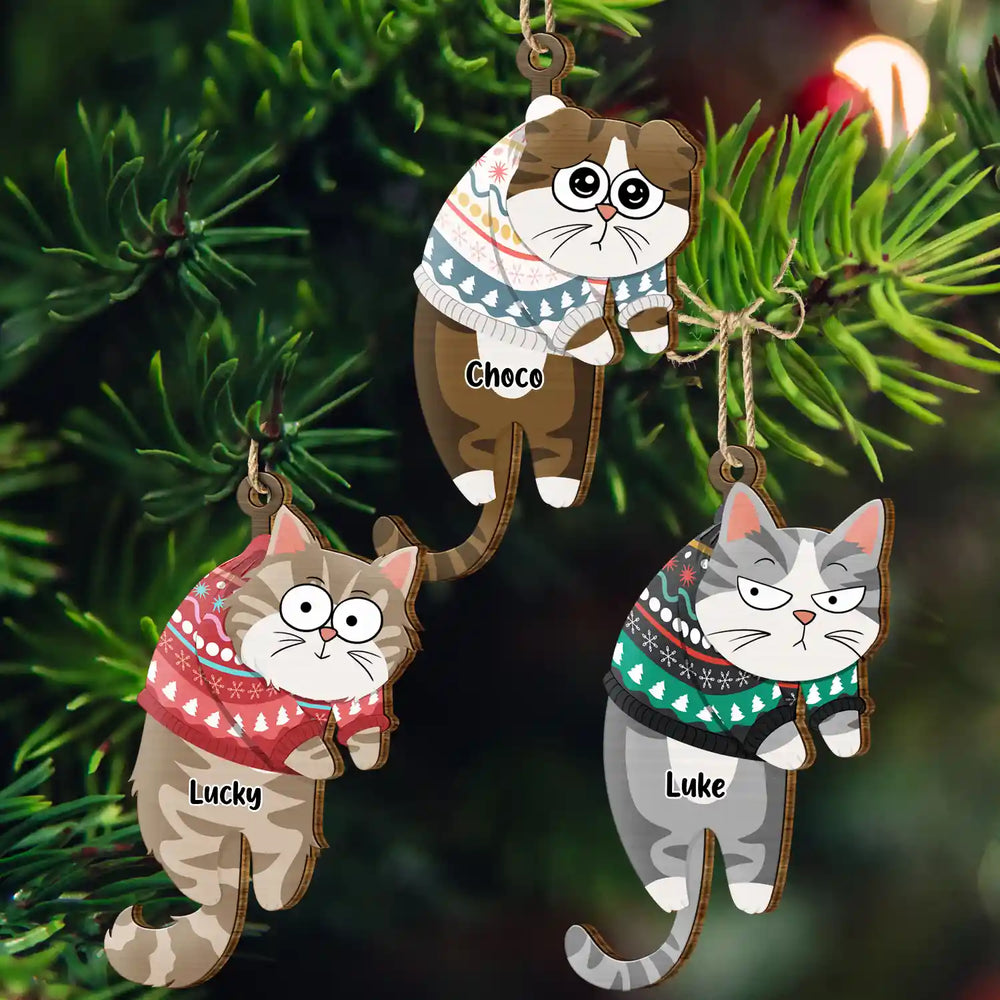 Hanging Cat Have Yourself A Meowy Christmas - Personalized Wooden Cutout Ornament