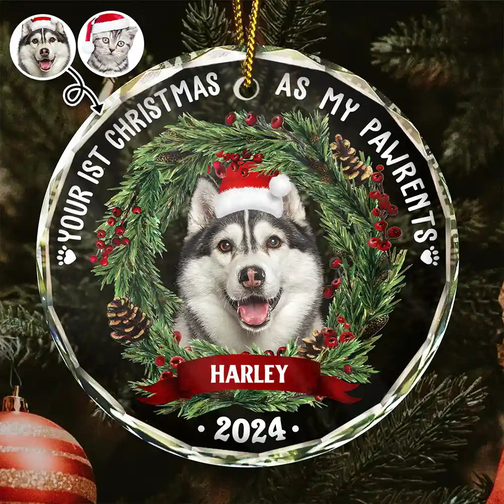 Custom Photo Dog Cat Your First Christmas As My Pawrents - Personalized Circle Glass Ornament