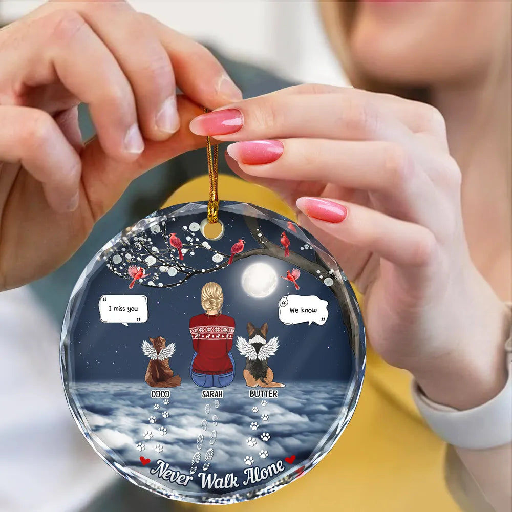 Christmas,Memorial,Pet Lovers,Dog Lovers,Cat Lovers,Sad - Memorial Dog Cat You Never Walk Alone - Personalized Circle Glass Ornament
