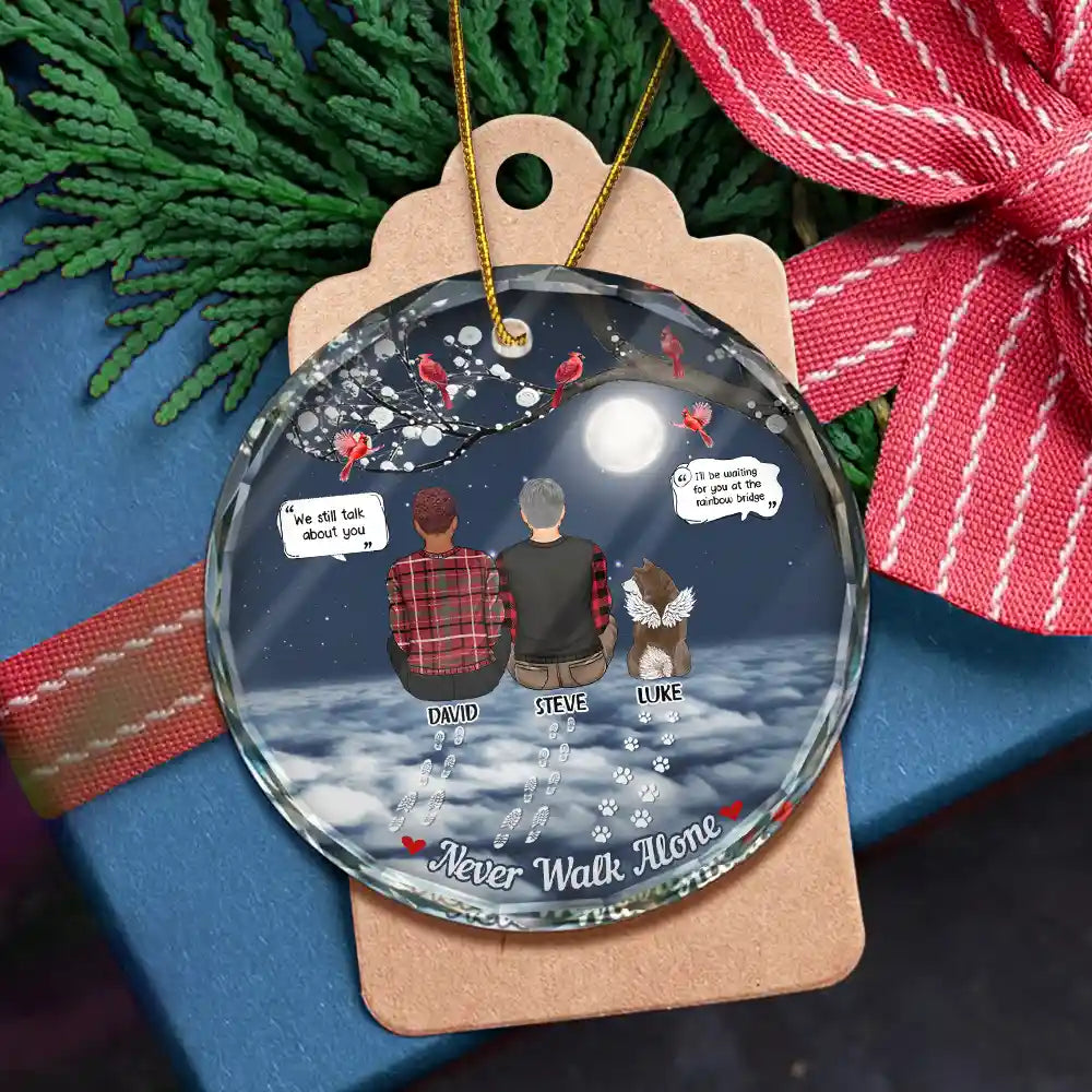 Christmas,Memorial,Pet Lovers,Dog Lovers,Cat Lovers,Sad - Memorial Dog Cat You Never Walk Alone - Personalized Circle Glass Ornament