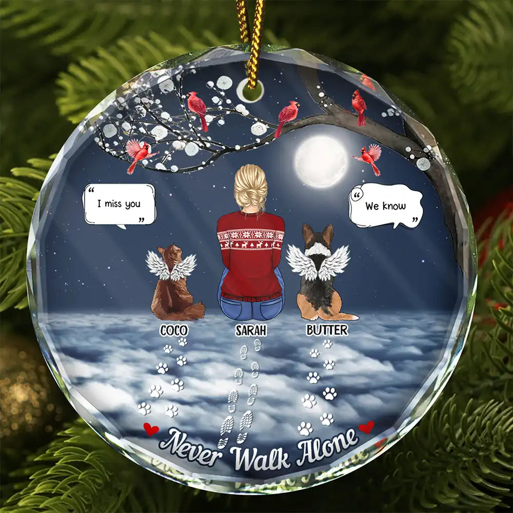 Christmas,Memorial,Pet Lovers,Dog Lovers,Cat Lovers,Sad - Memorial Dog Cat You Never Walk Alone - Personalized Circle Glass Ornament