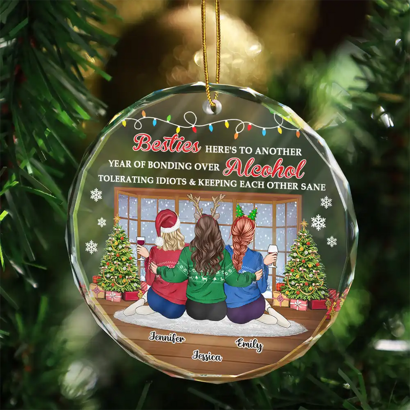 Gift For Bestie, Gift For Women, Gift For Sisters - Christmas Besties Sisters Keeping Each Other Sane - Personalized Circle Glass Ornament