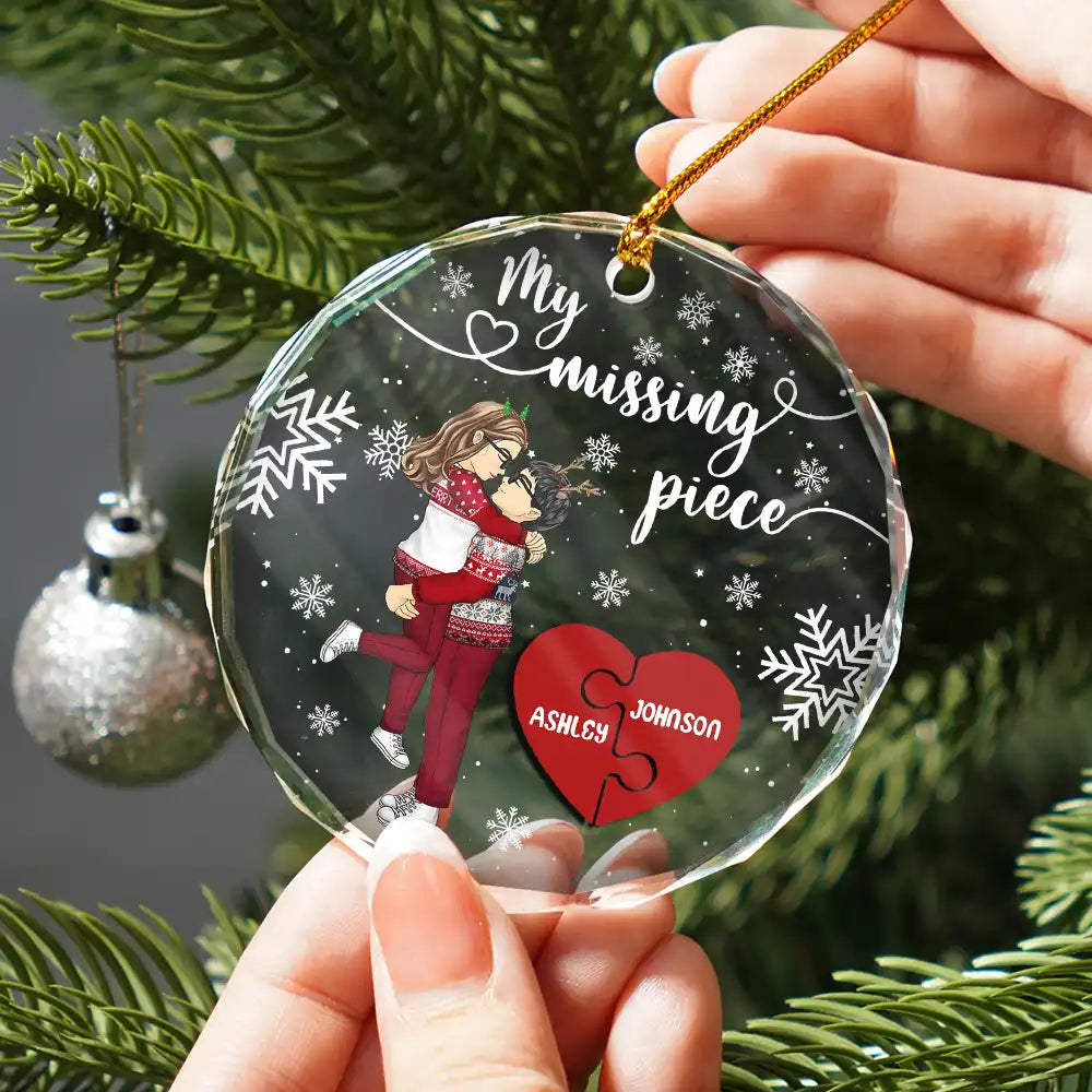 Christmas,Gift For Couples,Gift For Husband,Gift For Wife,Gift For Boyfriend,Gift For Girlfriend,Love - My Missing Piece Christmas Couple Hugging Kissing - Personalized Circle Glass Ornament