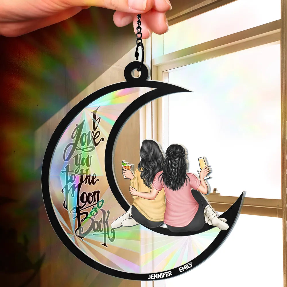 Continue Shopping,Gift For Bestie,Gift For Sisters,Gift For Women,Happy - Besties I Love You To The Moon & Back - Personalized Window Hanging Rainbow Suncatcher