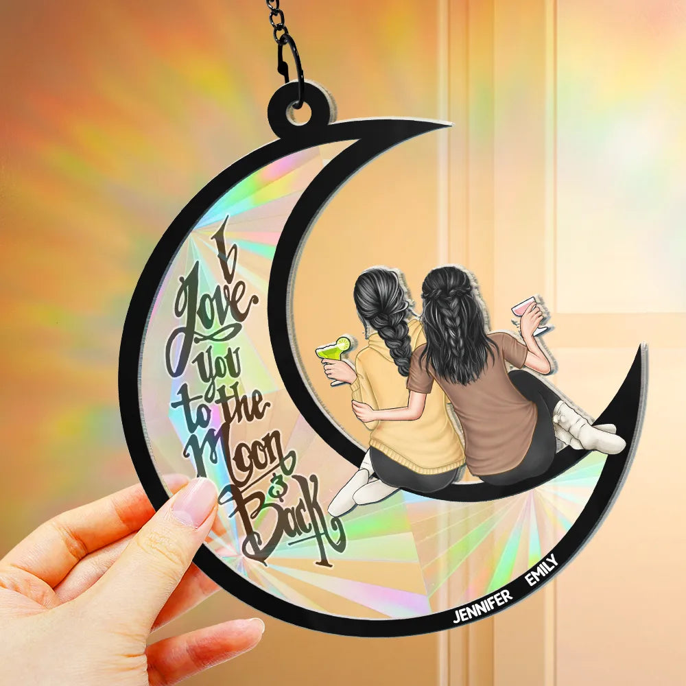 Continue Shopping,Gift For Bestie,Gift For Sisters,Gift For Women,Happy - Besties I Love You To The Moon & Back - Personalized Window Hanging Rainbow Suncatcher