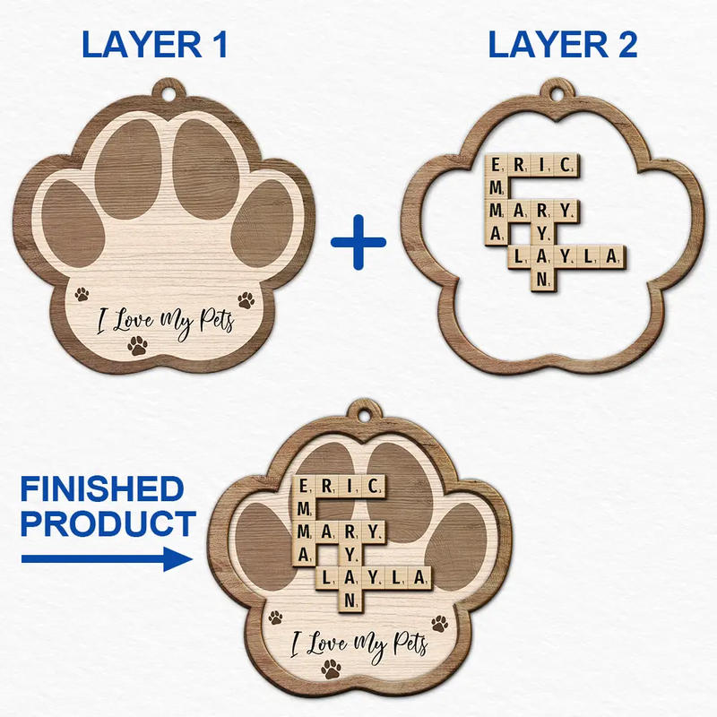 Crossword Scrabble Dog Cat Pet Names - Personalized 2-Layered Wooden Ornament