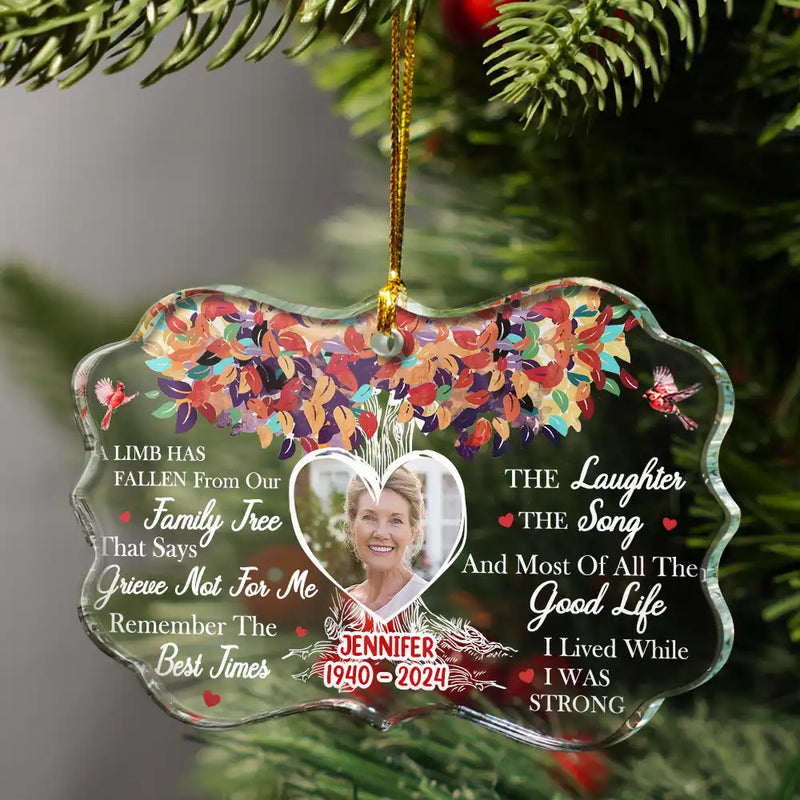 Memorial - Custom Photo Memorial A Limb Has Fallen From Our Family Tree - Personalized Medallion Glass Ornament