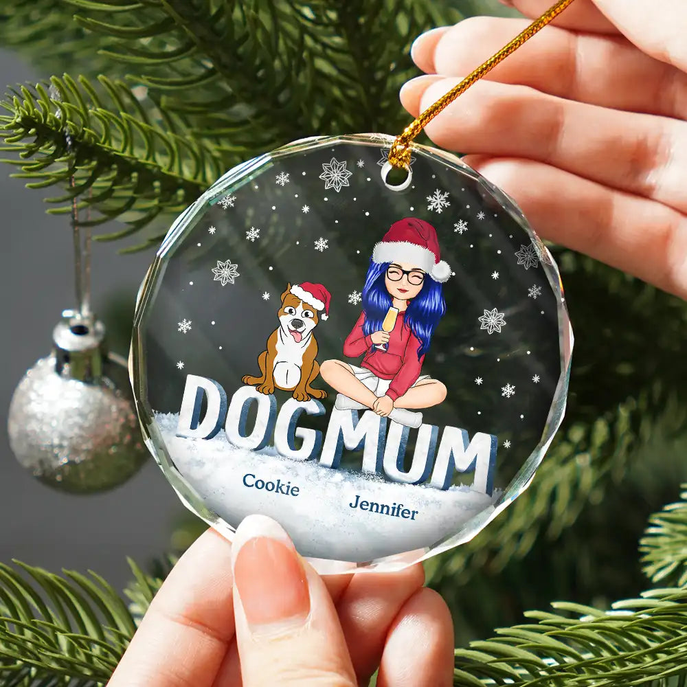 Dog Lovers,Dog Mom,Gift For Yourself,Gift For Women - Christmas Dog Mom Cartoon Style - Personalized Circle Glass Ornament