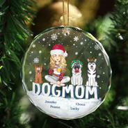 Dog Lovers,Dog Mom,Gift For Yourself,Gift For Women - Christmas Dog Mom Cartoon Style - Personalized Circle Glass Ornament