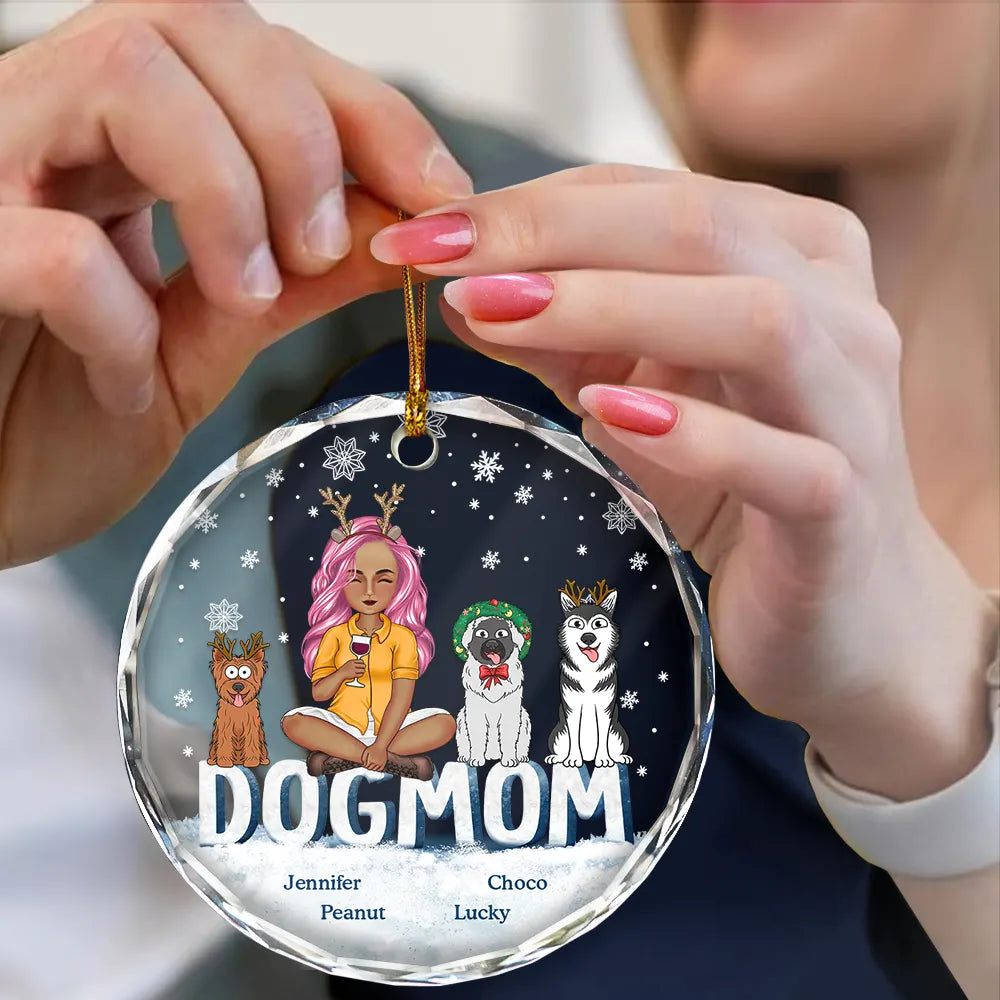 Dog Lovers,Dog Mom,Gift For Yourself,Gift For Women - Christmas Dog Mom Cartoon Style - Personalized Circle Glass Ornament