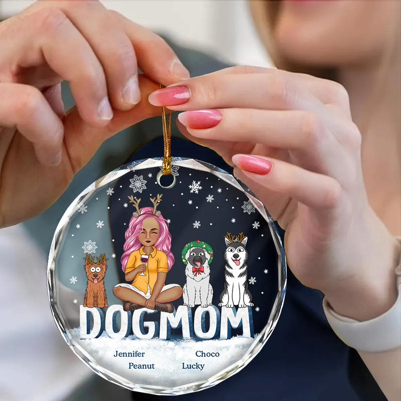 Dog Lovers,Dog Mom,Gift For Yourself,Gift For Women - Christmas Dog Mom Cartoon Style - Personalized Circle Glass Ornament