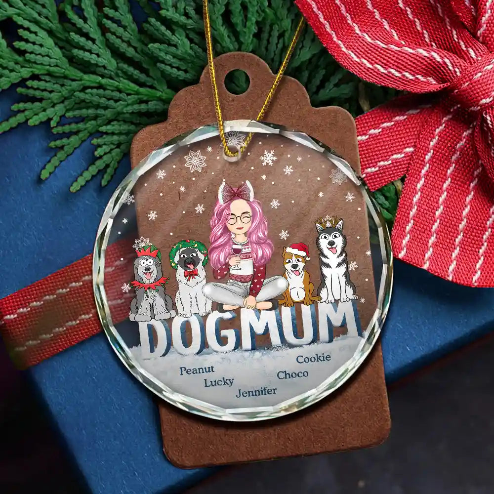 Dog Lovers,Dog Mom,Gift For Yourself,Gift For Women - Christmas Dog Mom Cartoon Style - Personalized Circle Glass Ornament