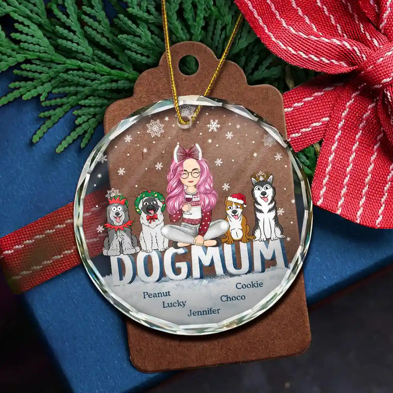 Dog Lovers,Dog Mom,Gift For Yourself,Gift For Women - Christmas Dog Mom Cartoon Style - Personalized Circle Glass Ornament