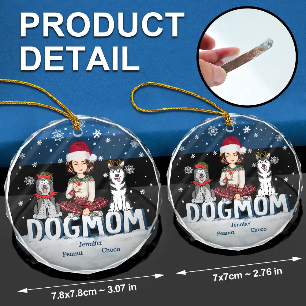 Dog Lovers,Dog Mom,Gift For Yourself,Gift For Women - Christmas Dog Mom Cartoon Style - Personalized Circle Glass Ornament