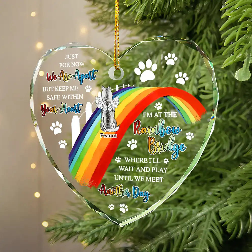 Memorial, Pet Lovers, Dog Lovers, Cat Lovers - Dog Cat Memorial We'll Wait And Play At The Rainbow Bridge - Personalized Heart Shaped Glass Ornament
