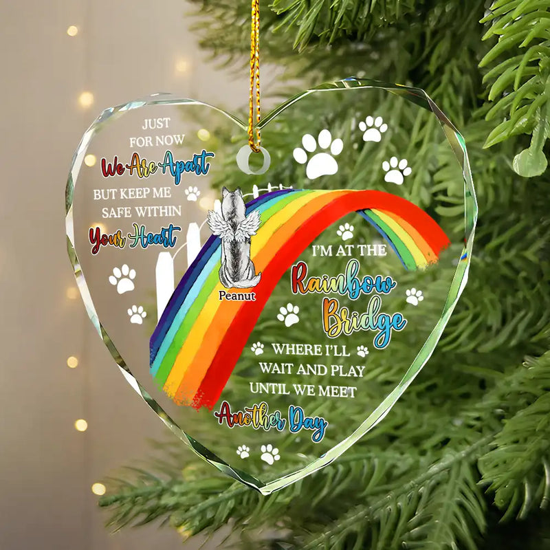 Memorial, Pet Lovers, Dog Lovers, Cat Lovers - Dog Cat Memorial We'll Wait And Play At The Rainbow Bridge - Personalized Heart Shaped Glass Ornament
