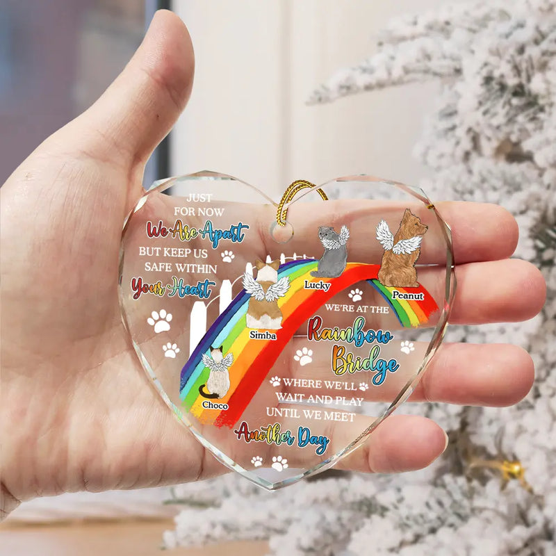 Memorial, Pet Lovers, Dog Lovers, Cat Lovers - Dog Cat Memorial We'll Wait And Play At The Rainbow Bridge - Personalized Heart Shaped Glass Ornament
