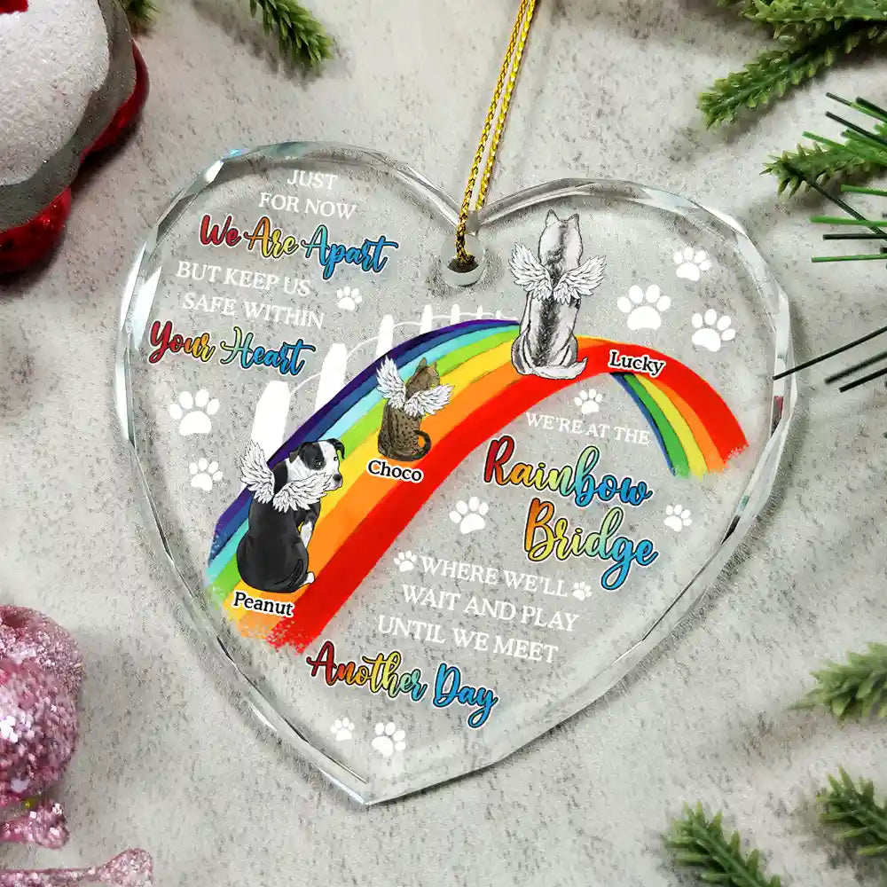 Memorial, Pet Lovers, Dog Lovers, Cat Lovers - Dog Cat Memorial We'll Wait And Play At The Rainbow Bridge - Personalized Heart Shaped Glass Ornament
