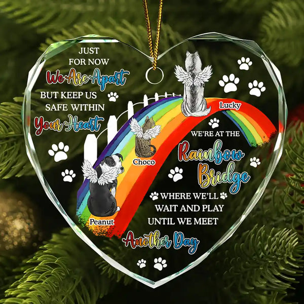 Memorial, Pet Lovers, Dog Lovers, Cat Lovers - Dog Cat Memorial We'll Wait And Play At The Rainbow Bridge - Personalized Heart Shaped Glass Ornament

