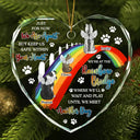 Memorial, Pet Lovers, Dog Lovers, Cat Lovers - Dog Cat Memorial We'll Wait And Play At The Rainbow Bridge - Personalized Heart Shaped Glass Ornament
