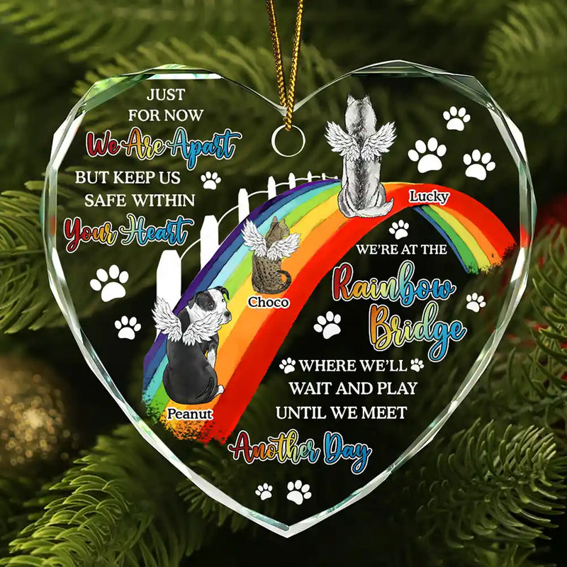 Memorial, Pet Lovers, Dog Lovers, Cat Lovers - Dog Cat Memorial We'll Wait And Play At The Rainbow Bridge - Personalized Heart Shaped Glass Ornament
