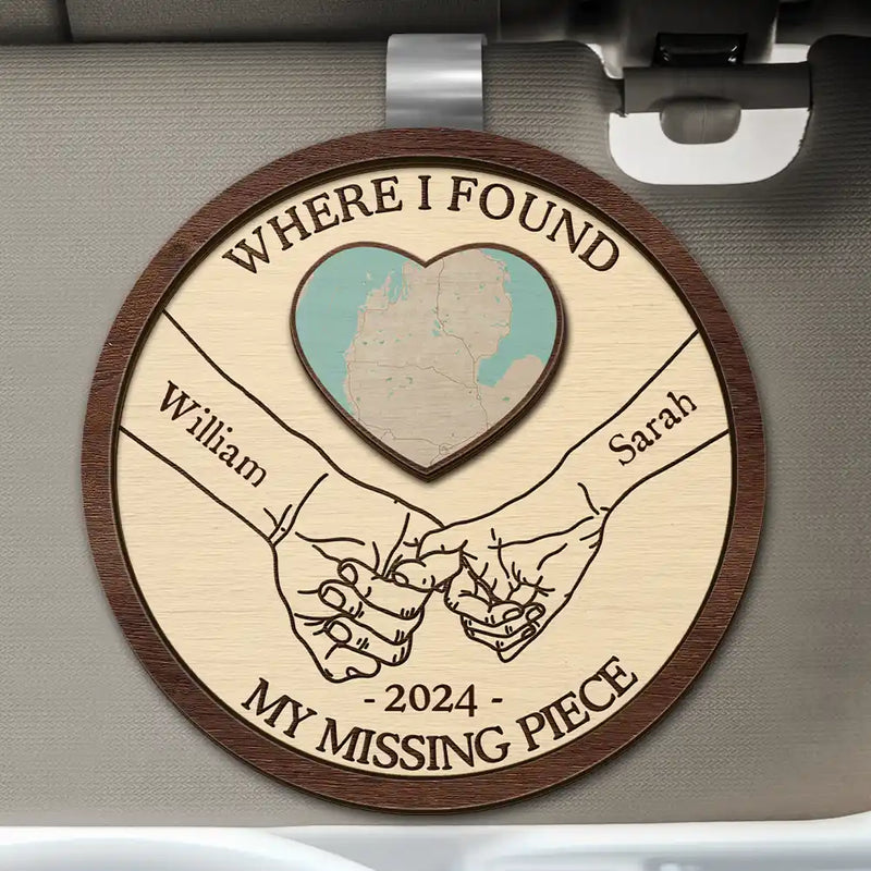 Gift For Couples, Gift For Husband, Gift For Wife, Gift For Boyfriend, Gift For Girlfriend - Location Map Where I Found My Missing Piece Couple Holding Hands - Personalized Custom Shaped Car Visor Clip