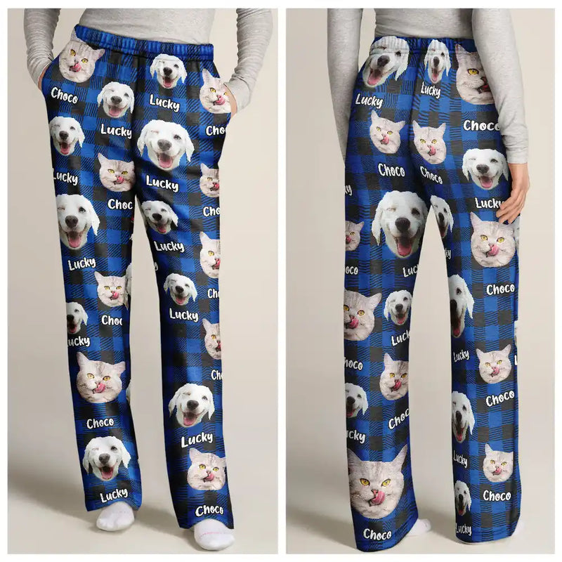 Pet Lovers, Dog Lovers, Cat Lovers - Custom Photo Funny Pet Human Face Plaid Pattern - Personalized Pajama Pants