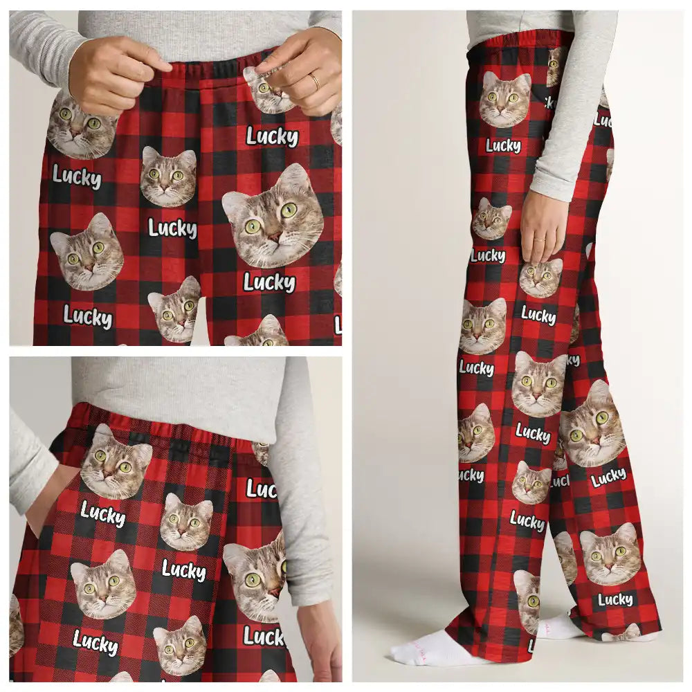 Pet Lovers, Dog Lovers, Cat Lovers - Custom Photo Funny Pet Human Face Plaid Pattern - Personalized Pajama Pants