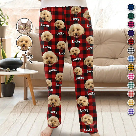 Motif à carreaux avec photo personnalisée et visage d'animal de compagnie amusant - Pantalon de pyjama personnalisé 